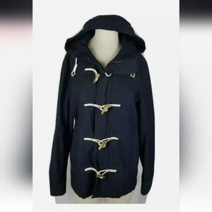 H&M Mens Denim Hooded Utility Jacket Toggle Zip Lined Slash Pockets Navy Sz 40R